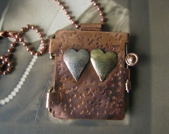 Vintage Copper Book Locket Necklace, Sweetheart Love Token Pendant