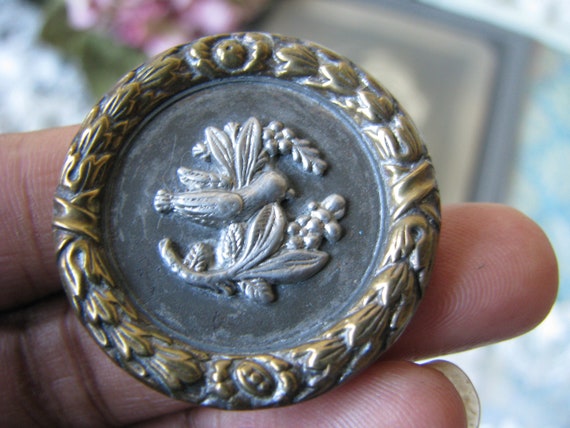 Antique Repousse Button, Antique Bird Picture But… - image 2