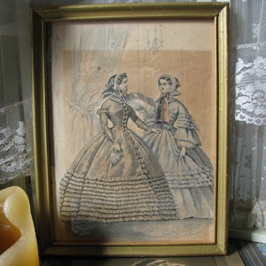 Estampado antiguo de damas francesas, Cuadro victoriano antiguo, Grabado antiguo enmarcado, Cuadro de damas victorianas, Regalos para novias, Madre y novia