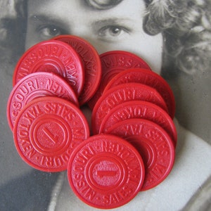 Vintage Sales Tax Tokens, Red Plastic Tokens, 1940&#39;s Tax Tokens, Missouri Sales Tax Tokens, Red Sales Tax Tokens,