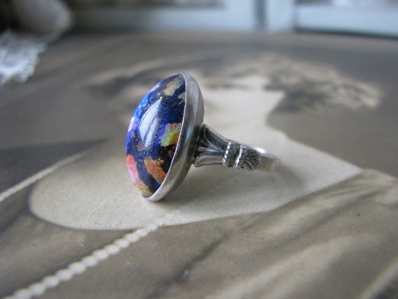 Art Deco Silver Pinkie Ring, Art Deco Art Glass R… - image 1