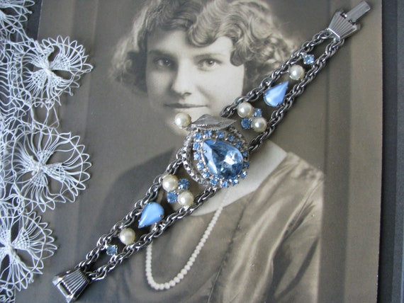 Vintage Rhinestone Bracelet, Faux Pearl Bracelet,… - image 1