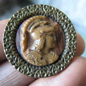 Antique French Button, Victorian Picture Button, French Soldier Button, Antique Celluloid Button, Victorian Brass Button