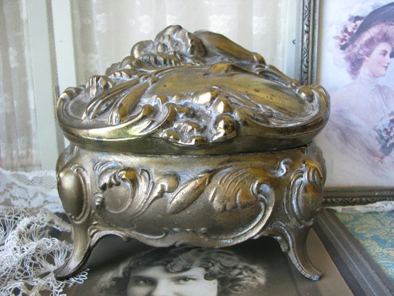 Art Nouveau Silver Plate Jewelry Chest, Floral Embossed, Antique