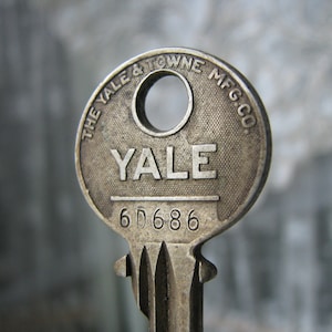 Antique Brass Key, Flat Brass Key, Antique Yale Key, Yale Security Key, Antique Pin Tumbler Key, Antique Steampunk Key