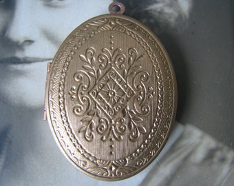 Vintage Stamped Brass Locket, Victorian Style, Large Oval