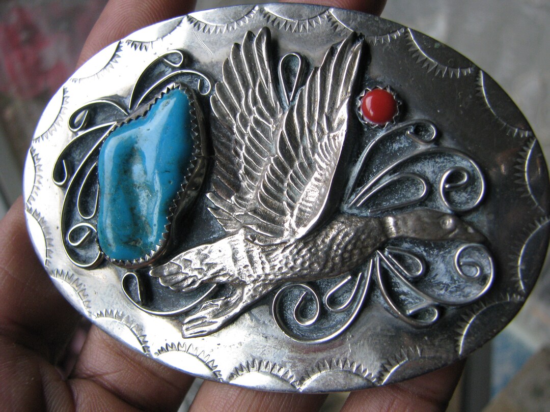 激レアヴィンテージハンドクラフト ウエスタンバックルターコイズ赤