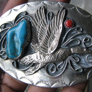Vintage Turquoise Belt Buckle, German Silver Belt Buckle, Coral Belt Buckle, Southwestern Belt Buckle, Flying Goose Belt Buckle, Gifts 4 Him