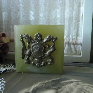 Vintage Heraldic Coat Of Arms Paperweight, Vintage Soap Stone Paper Weight, Green Soap Stone Paperweight, Hollywood Regency Paperweight