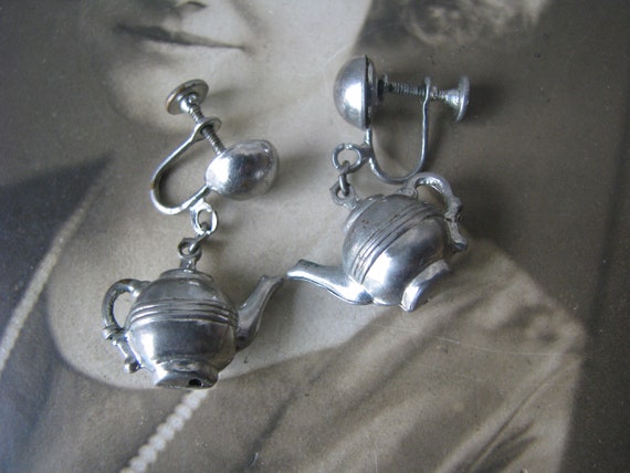 Vintage Teapot Earrings, Silver Teapot Earrings, … - image 2
