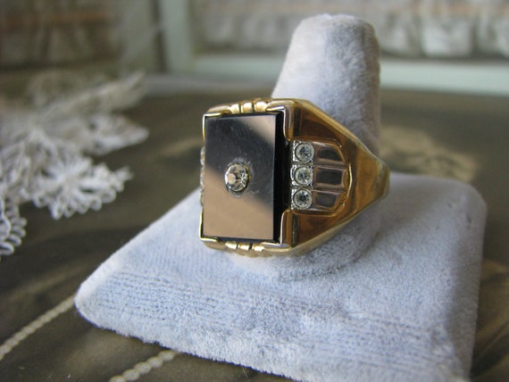 Mens Onyx Ring, Vintage Onyx Ring, Gold Plated On… - image 4