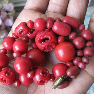 Peut inclure: Un collier de perles rouges avec des perles sculpt&eacute;es et un fermoir en m&eacute;tal. Le collier est compos&eacute; de perles rouges de diff&eacute;rentes tailles et formes.