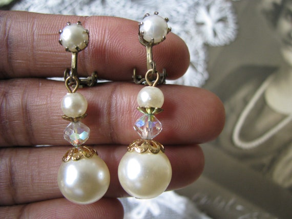 Wedding Earrings, Pearl Rhinestone Earrings, Vint… - image 4