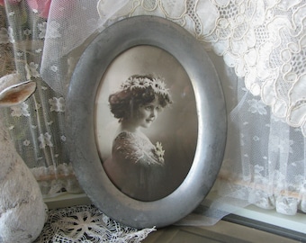 Antique Tin Metal Picture Frame, Edwardian Oval Photo Frame