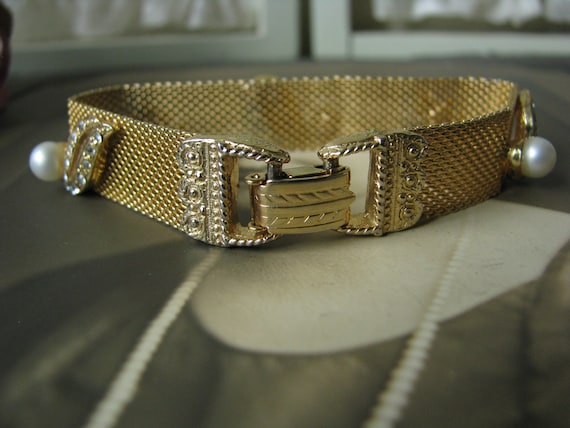 Vintage Gold Mesh Bracelet, Faux Pearl Rhinestone Wedding  display picture 1