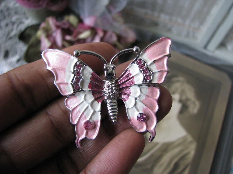 Vintage Butterfly Brooch, Rhinestone Butterfly Brooch, Enamel Butterfly Brooch, Pink Butterfly Brooch, Vintage Butterfly Pin image 6