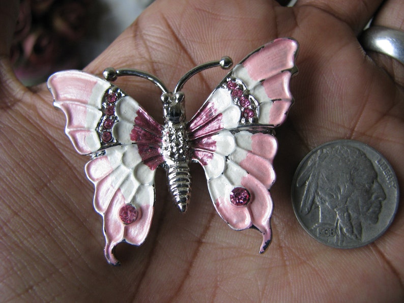 Vintage Butterfly Brooch, Rhinestone Butterfly Brooch, Enamel Butterfly Brooch, Pink Butterfly Brooch, Vintage Butterfly Pin image 8