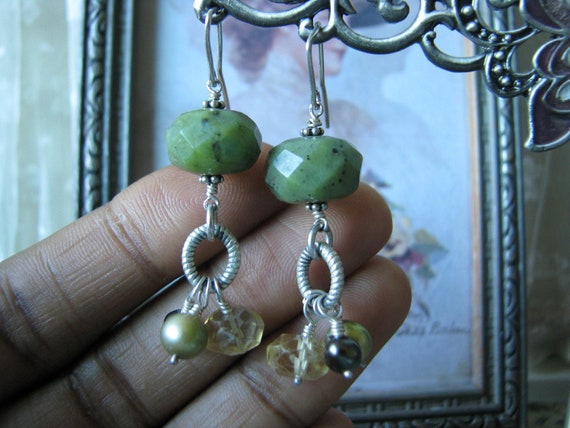 Handmade Earrings, Jade Earrings, Citirine Earrin… - image 1