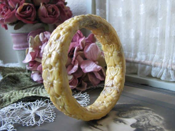 Antique Celluloid Bracelet, Carved Celluloid Bangl