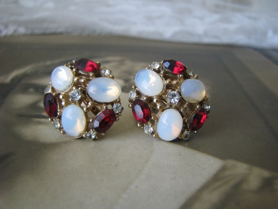 Vintage Rhinestone Earrings, Red Rhinestone Earri… - image 2