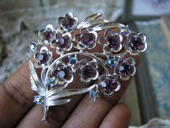 Vintage Rhinestone Brooch, Vintage Lilac Brooch, … - image 1