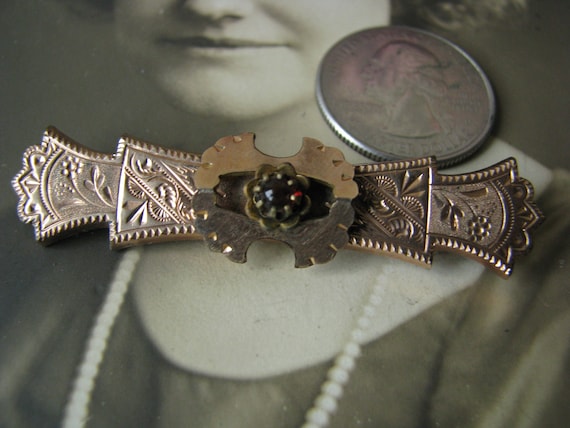 Antique Gold Filled Brooch, Victorian Garnet Broo… - image 3