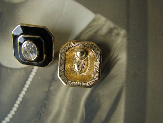Vintage Gold Plated Crystal Black Enamel Earrings… - image 6