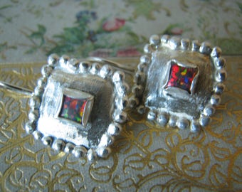 Artisan Handmade Sterling Silver Fire Opal Earrings, Square Wire Hook