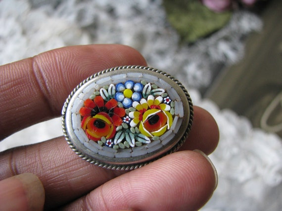 Antique Micro Mosaic Brooch, Italian Glass Tile B… - image 1