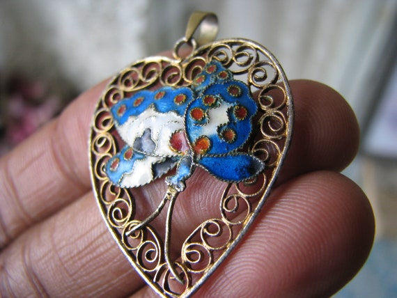 Vintage Butterfly Pendant, Vintage Cloisonne Pend… - image 3