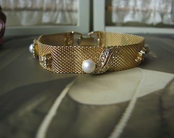 Vintage Pearl Bracelet, Vintage Rhinestone Mesh Bracelet