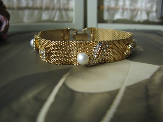 Vintage Elegant Gold Tone Mesh Rhinestone Bracelet 6” Wedding Vintage Gold Tone Mesh Rhinestone Bracelet Elegant 6” Bridal  main image 2