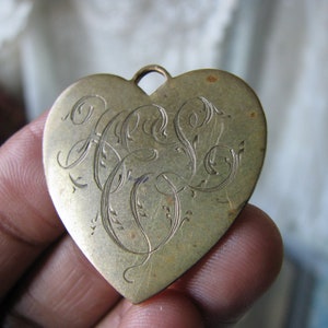 Antique Love Token, Heart Shaped Love Token, Brass Love Token, HEL Initials