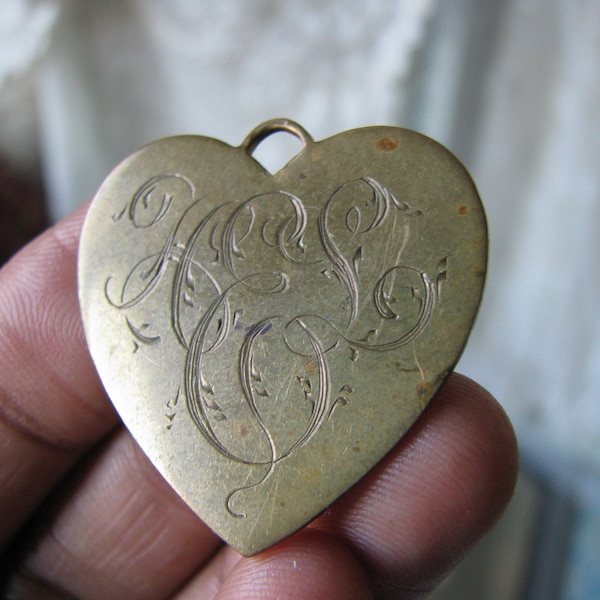 Antique Love Token, Heart Shaped Love Token, Brass Love Token, HEL Initials