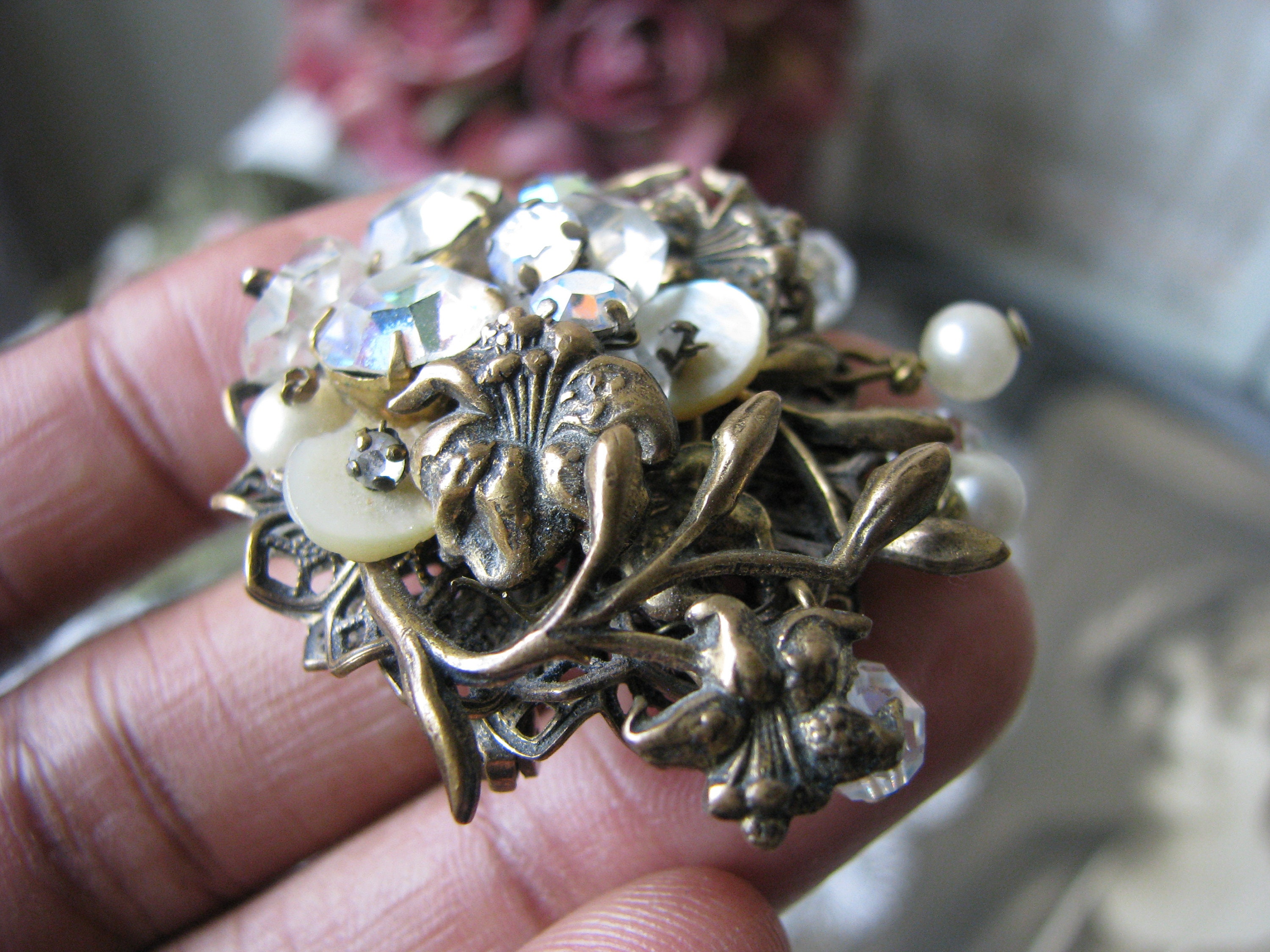 Vintage Miriam Haskell Style Brooch, Brass Filigree Rhinestone