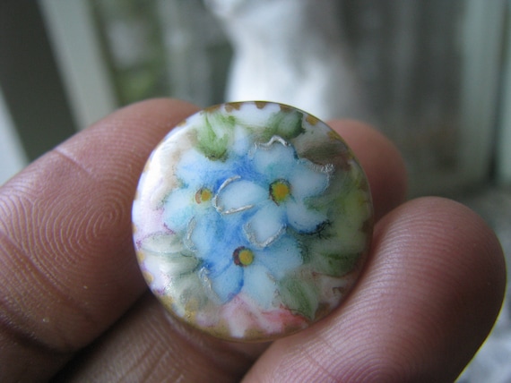 Antique Porcelain Waistcoat Stud, Hand-Painted Forget-Me-Nots
