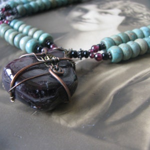 Vintage Turquoise Necklace, Vintage Garnet Necklace, Handmade Beaded Necklace, Turquoise Beaded Necklace