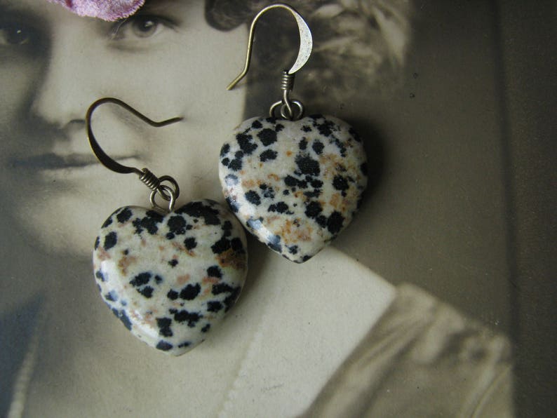 Vintage Heart Shaped Spotted Jasper Stone Drop Earrings Jasper Stone Heart Earrings Spotted Jasper Earrings