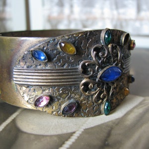 Art Deco Paste Bracelet, Colored Paste Bracelet, Victorian Revival Paste Bangle, Old Costume Bracelet.
