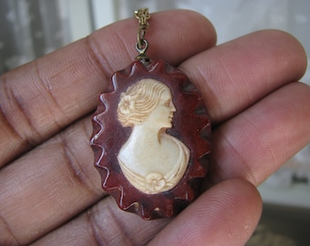 Art Deco Cameo Necklace, Antique Cameo Necklace, Celluloid Cameo Necklace, Bird's Eye Maple Cameo Necklace, Bridal Necklace