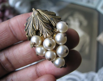 Art Deco Brass Grape Cluster Dress Clip, Pearl Leaf
