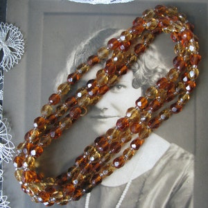 1920&#39;s Faceted Honey Glass Flapper Beaded Necklace, Brown Glass Flapper Beads, Antique Flapper Necklace, Glass Flapper Beads
