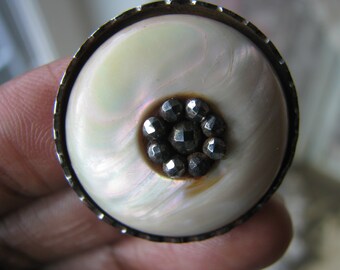 Antique Carved Mother of Pearl Button, Cut Steel, Victorian