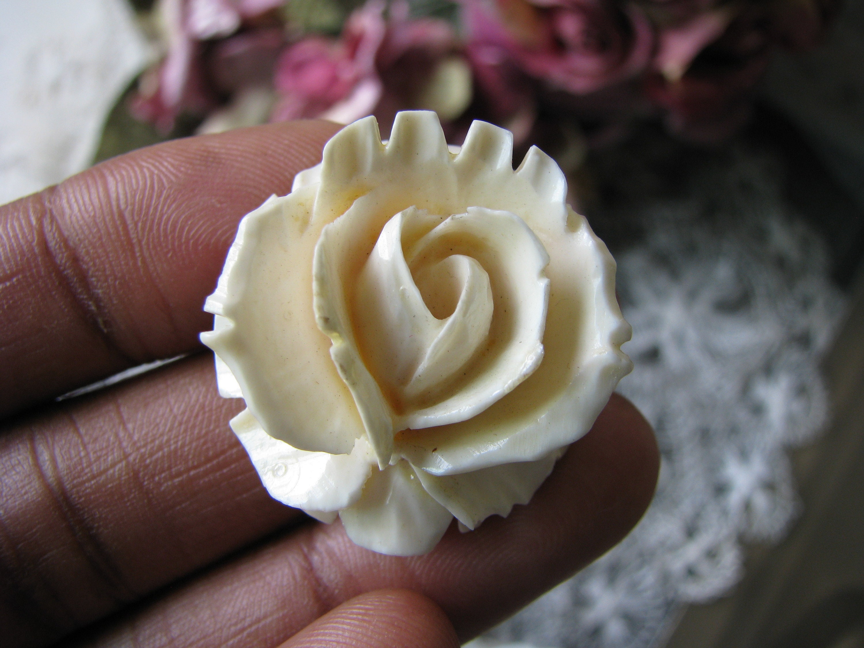 Vintage Carved Rose Bone Brooch