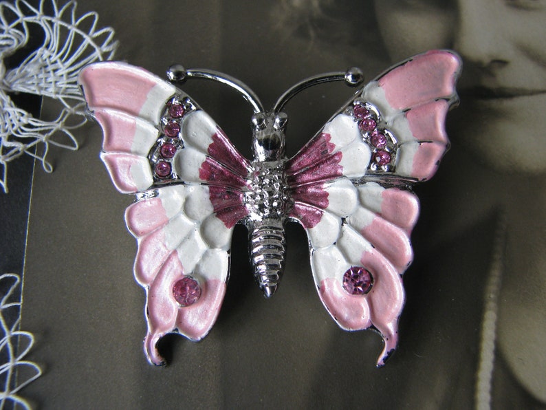 Vintage Butterfly Brooch, Rhinestone Butterfly Brooch, Enamel Butterfly Brooch, Pink Butterfly Brooch, Vintage Butterfly Pin image 1