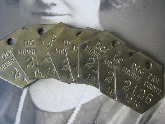 Vintage 1940 Brass Dog License Tag, Monroe Cnty, Steampunk Jewelry