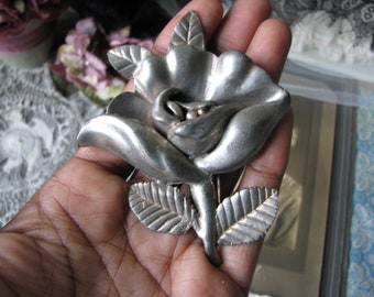 Ar t Deco Fur Clip, Rose Fur Clip, Pewter Dress Clip, Large Fur Clip, Pewter Rose Clip