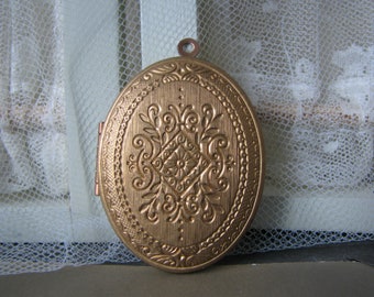 Victorian Style Stamped Brass Locket, Large Oval