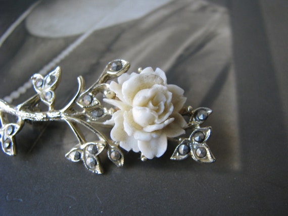 Vintage Celluloid Rose Brooch, Vintage Marcasite … - image 6