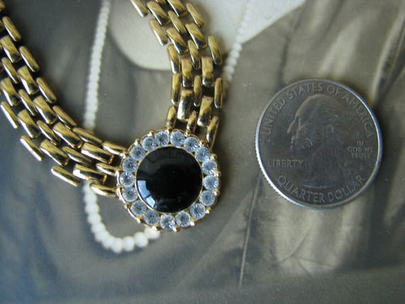 1980's Gold Plated Mesh Chain Rhinestone Black En… - image 4